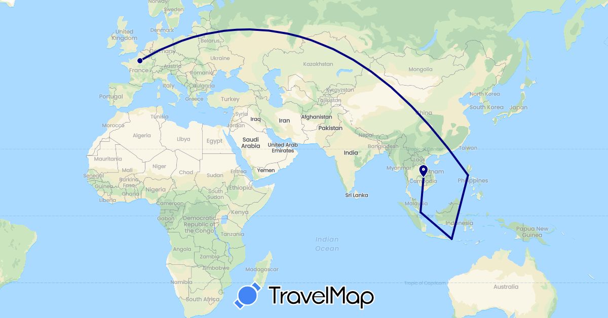 TravelMap itinerary: driving in France, Indonesia, Cambodia, Philippines, Singapore (Asia, Europe)